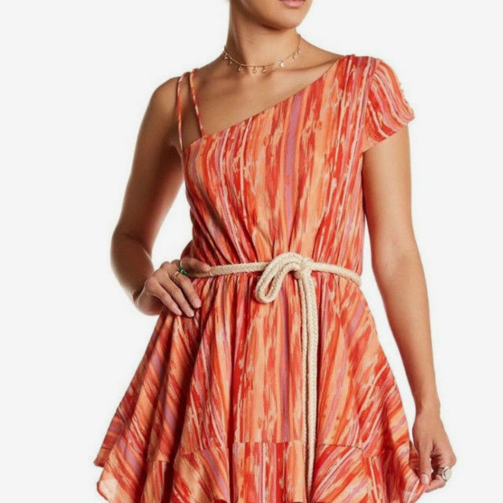 FREE PEOPLE ASYMMETRICAL SHOULDER PRINT MINI DRESS